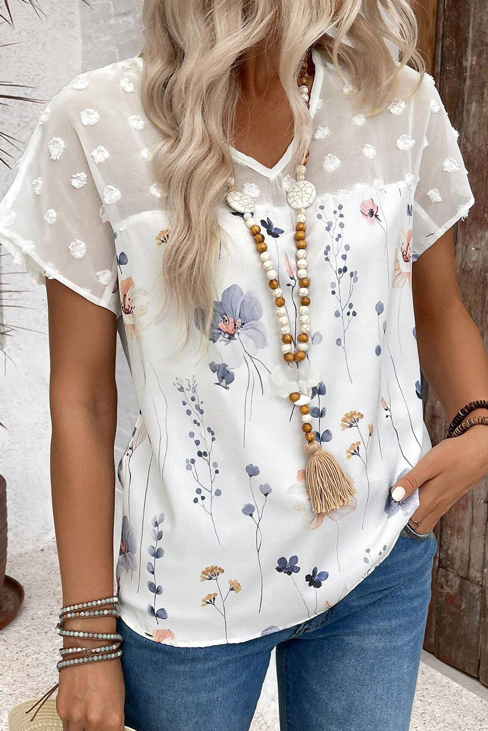 White Floral Print Jacquard Patchwork V Neck Blouse