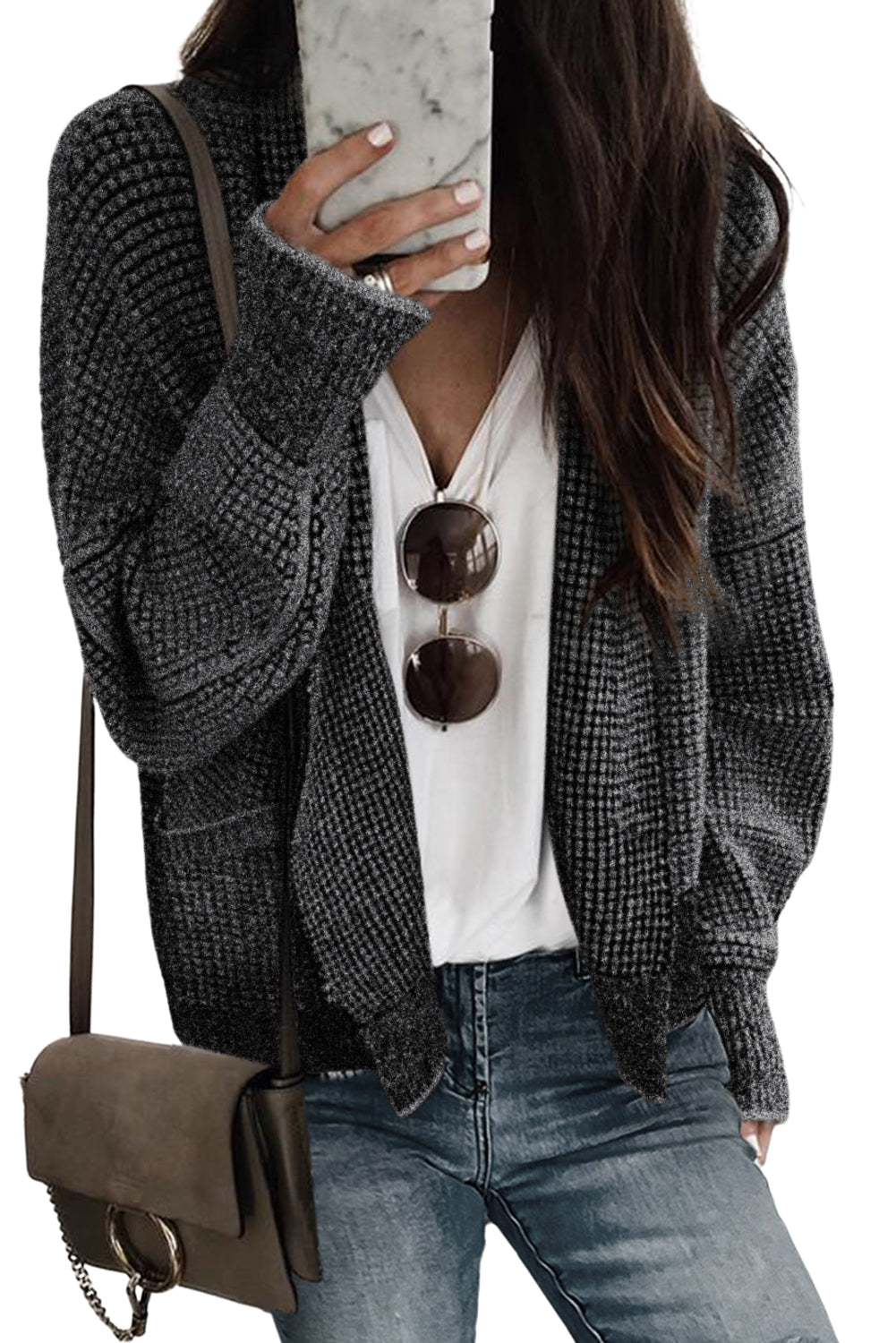 Gray Chunky Knit Pockets Drop Sleeve Cardigan