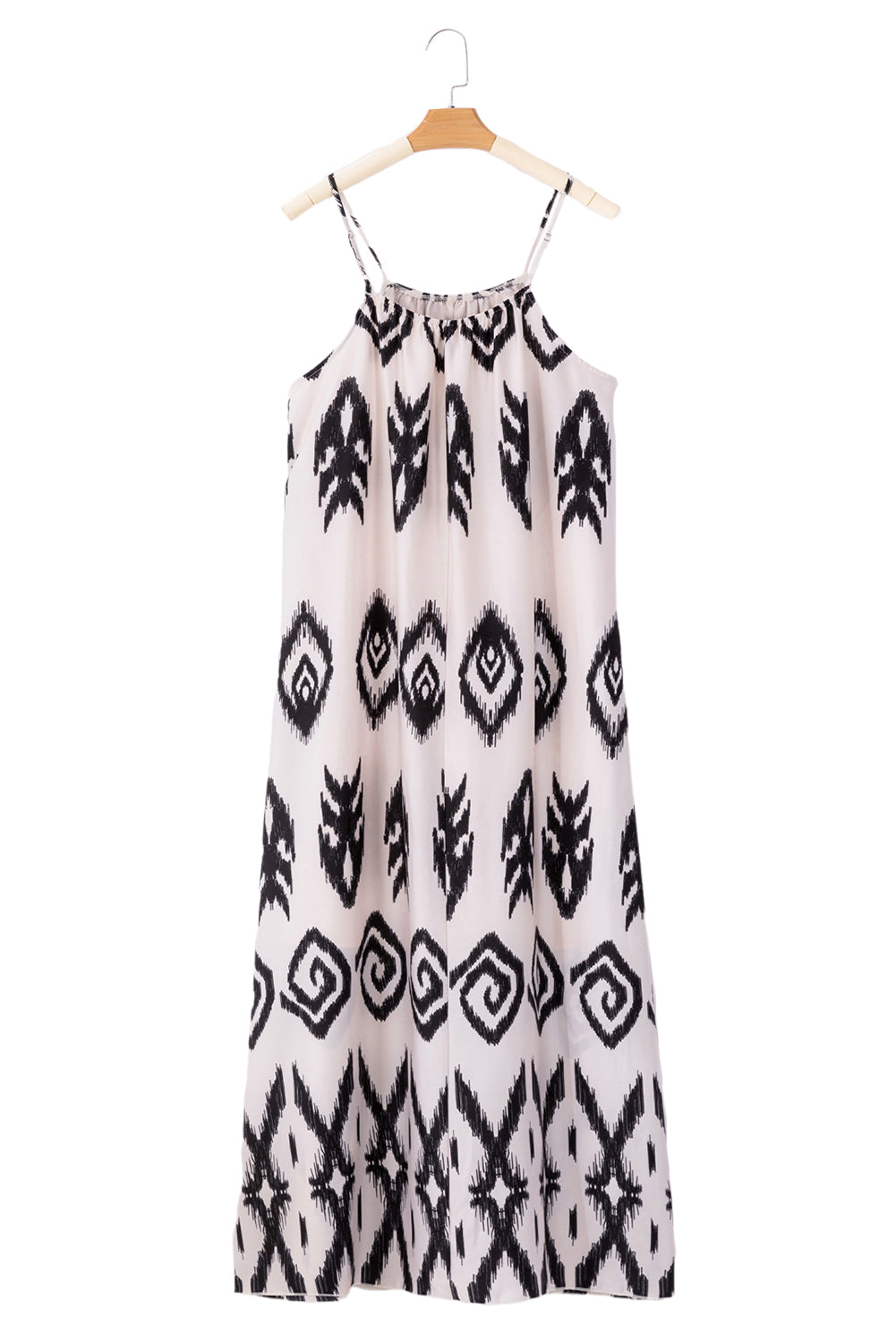 Black Geometric Printed Spaghetti Strap Vacation SundressMaterial:100%Polyester


	


		The sundress is made from a lightweight and breathable fabric, perfect for staying cool and comfortable during warm weather.
	
	