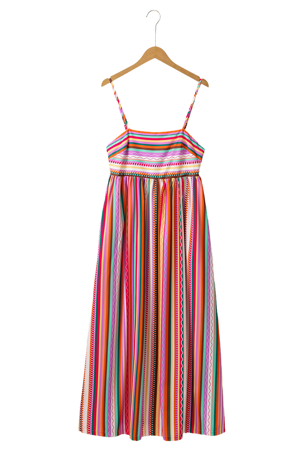 Multicolour Boho Striped Spaghetti Strap Smocked Back Maxi DressMaterial:100%Polyester

• Embrace a vibrant blend of colors in this maxi dress, perfect for daily wear with its relaxed, sleeveless design.
• The shirred back ensu