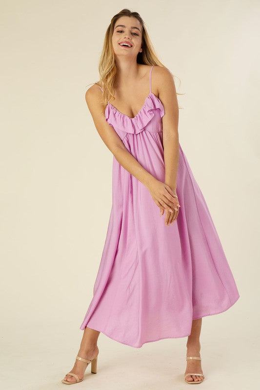 Maxi dress with ruffles- Maxi dress with ruffles- Pattern type : solid- Sleeve type : sleeveless- Stretch : no stretch- Sheer : not lined, but not very sheer - Care instruction : machine w