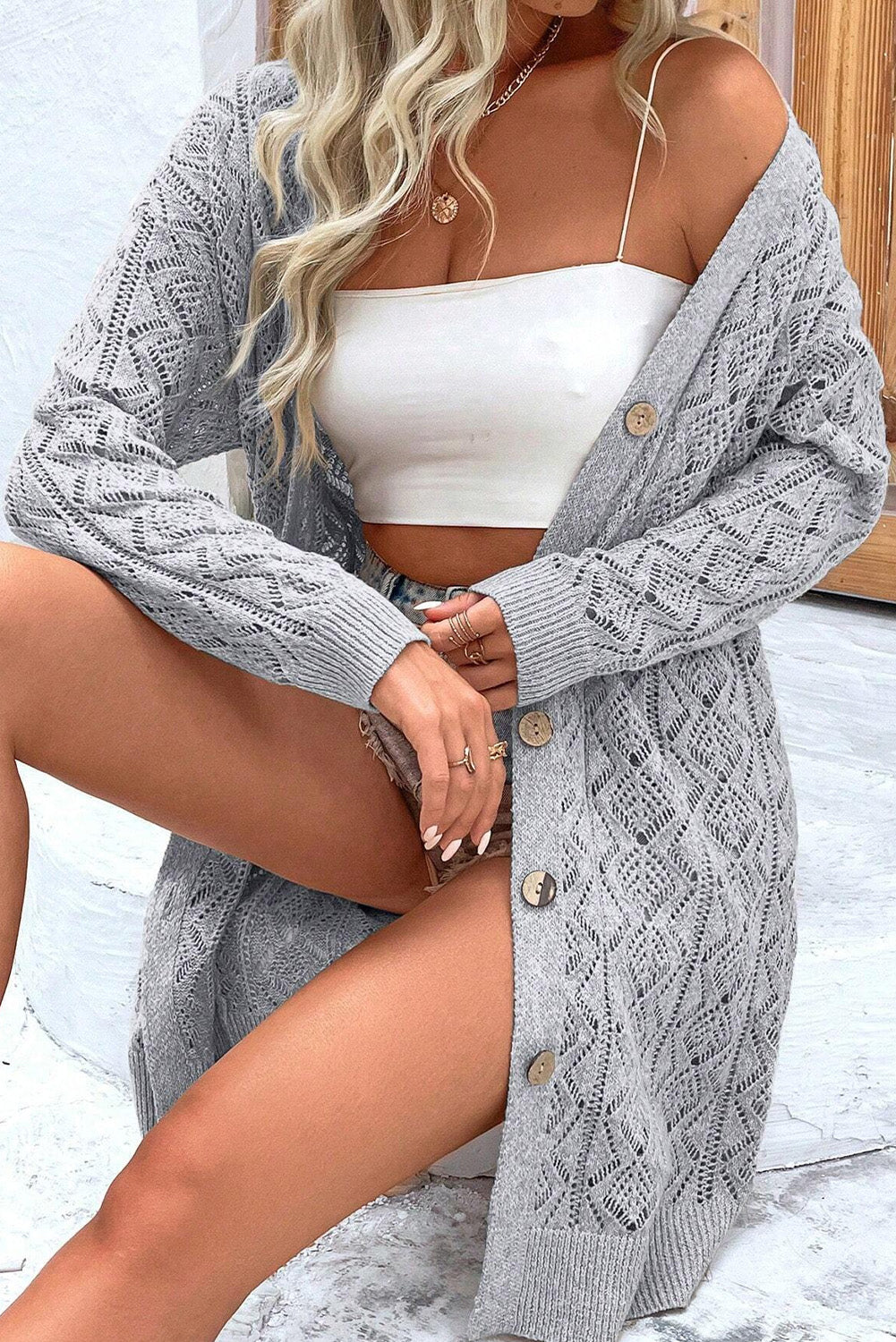 Gray Hollow Out Button Front Long Cardigan