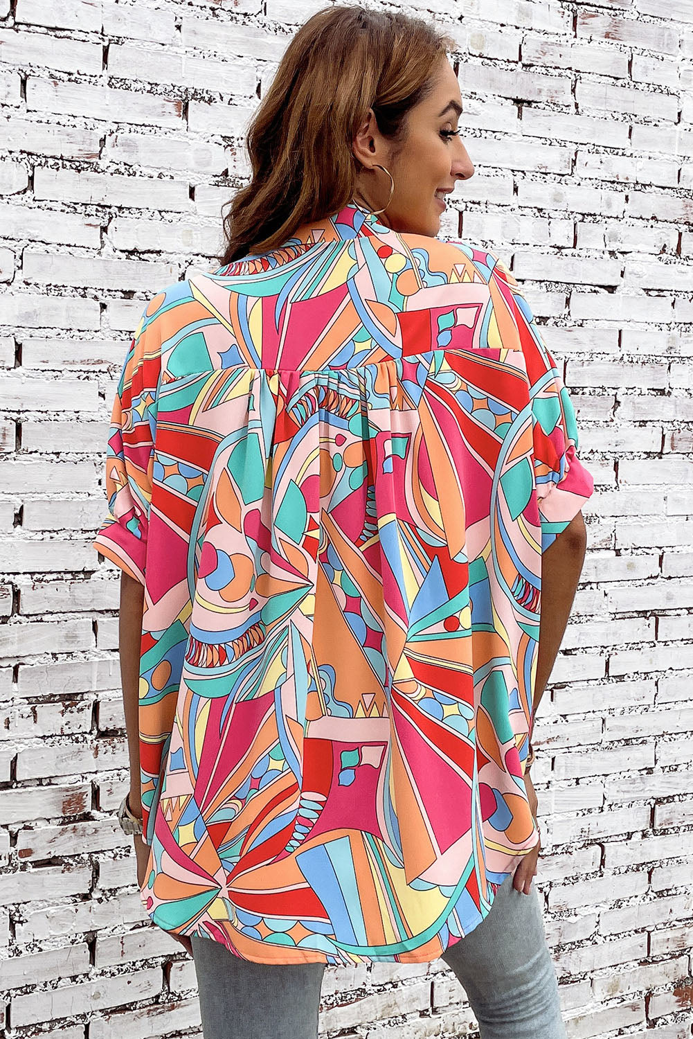 Multicolor Abstract Print Half Batwing Sleeve Loose Blouse