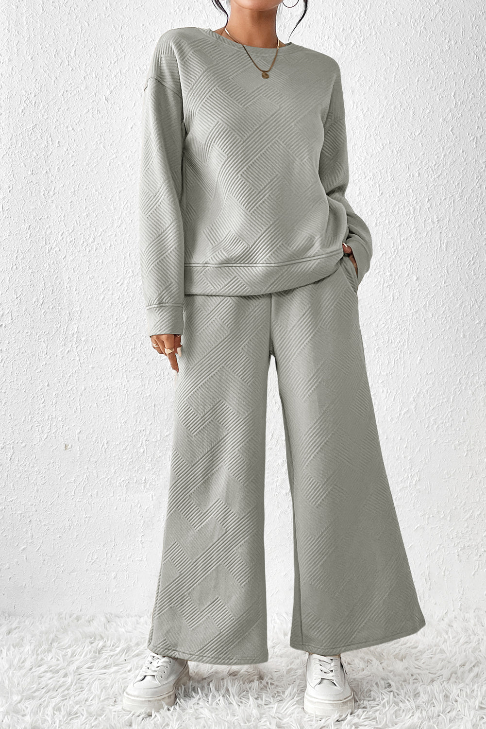 Red Dahlia Textured Loose Slouchy Long Sleeve Top and Pants SetMaterial:95%POLYESTER+5%ELASTANE



		Our Gray Textured Loose Slouchy Long Sleeve Top and Pants Set, a comfortable and stylish ensemble that is perfect for loungin