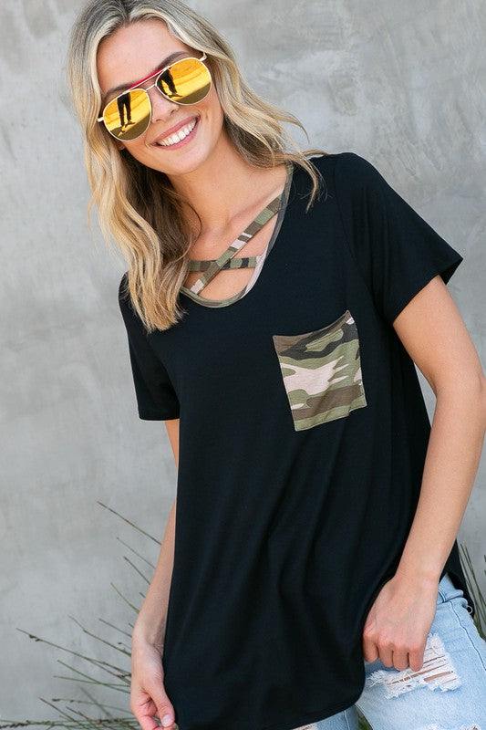 PLUS CAMOUFLAGE PRINT BASIC TOP- Plus camouflage print mixed basic top- Lace up v neck - Short sleeves and chest pocket- Camouflage print and solid jersey mixed- 1X/2X/3X 2-2-2- 95% RAYON, 5% SPAN