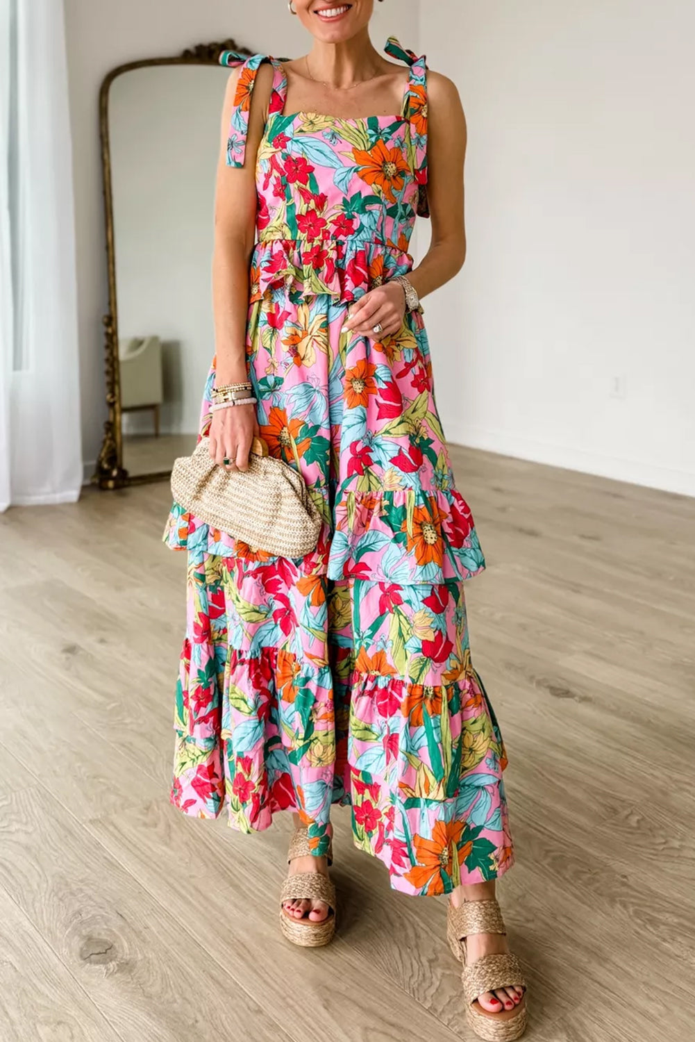 Multicolour Boho Floral Print Knot Strap Ruffle Layered Maxi Dress