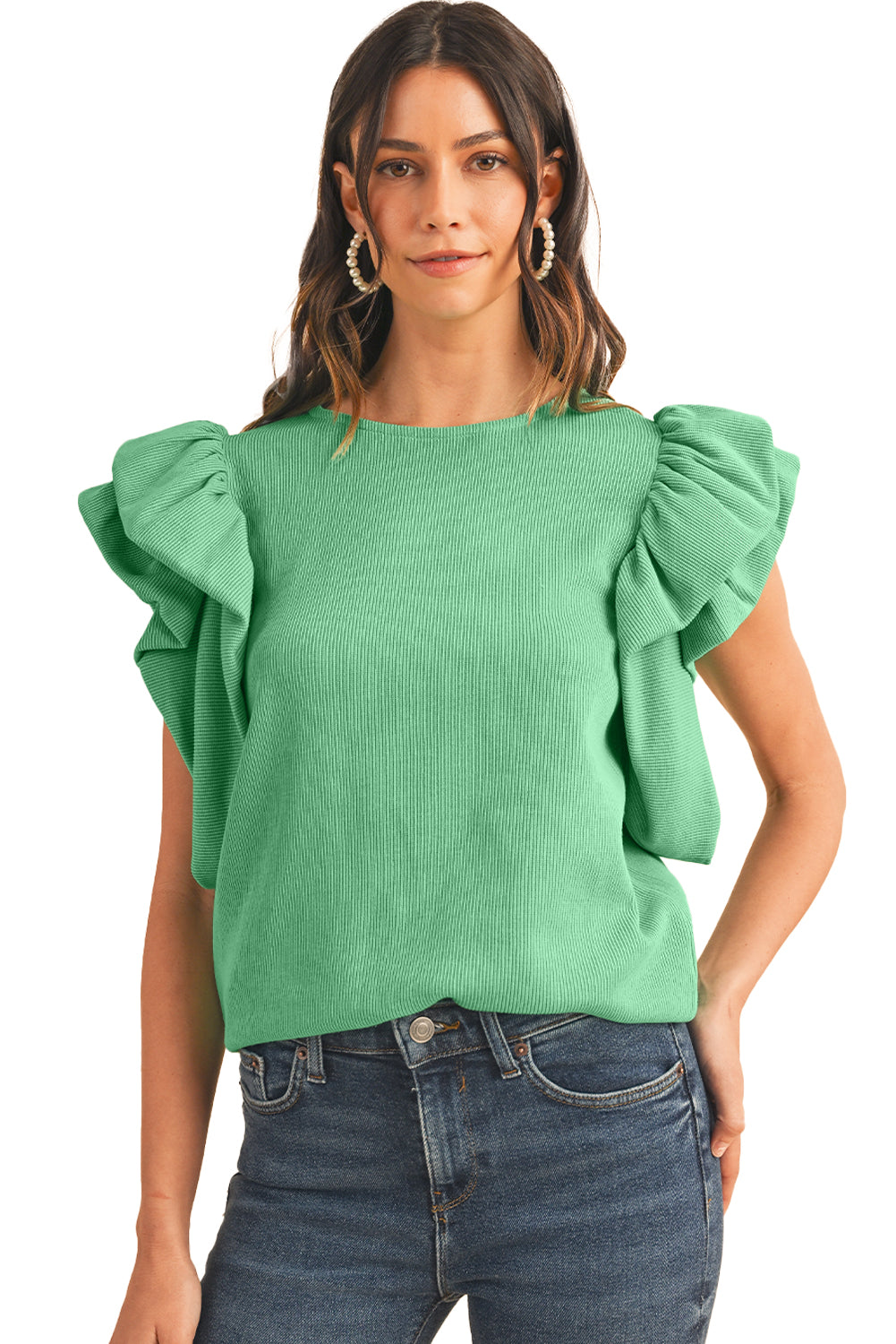 Green Solid Color Ruffle Sleeve Ribbed BlouseMaterial:65%cotton+33%polyester+2%Elastane



		The blouse features ruffle sleeves, which add a playful and romantic touch to the overall design. 
	
	
		The sol