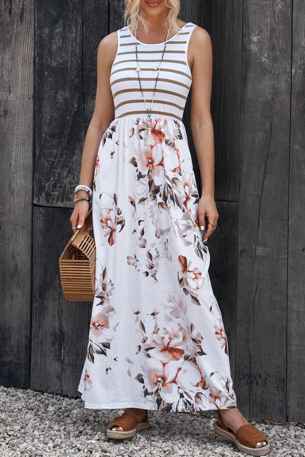 White Boho Stripes & Floral Print Floor Length Tank DressMaterial:95%POLYESTER+5%ELASTANE



		•Easy Match: This long dress goes well with sandals, high heels, a hat, or worn with a pretty necklace for a fashion look, wh