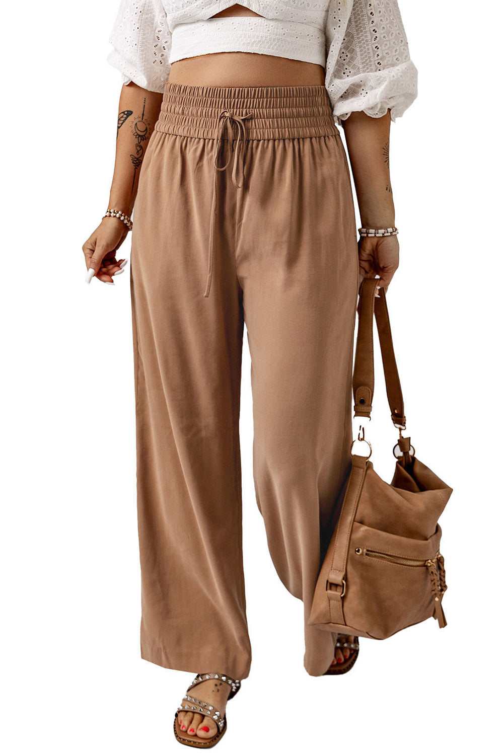 Blue Casual Drawstring Shirred Elastic Waist Wide Leg PantsMaterial:65%Viscose+35%Polyester



		These wide leg pants
are casual and comfy with a loose fit style
	
	
		The smocked waist
design is fashionable and very 