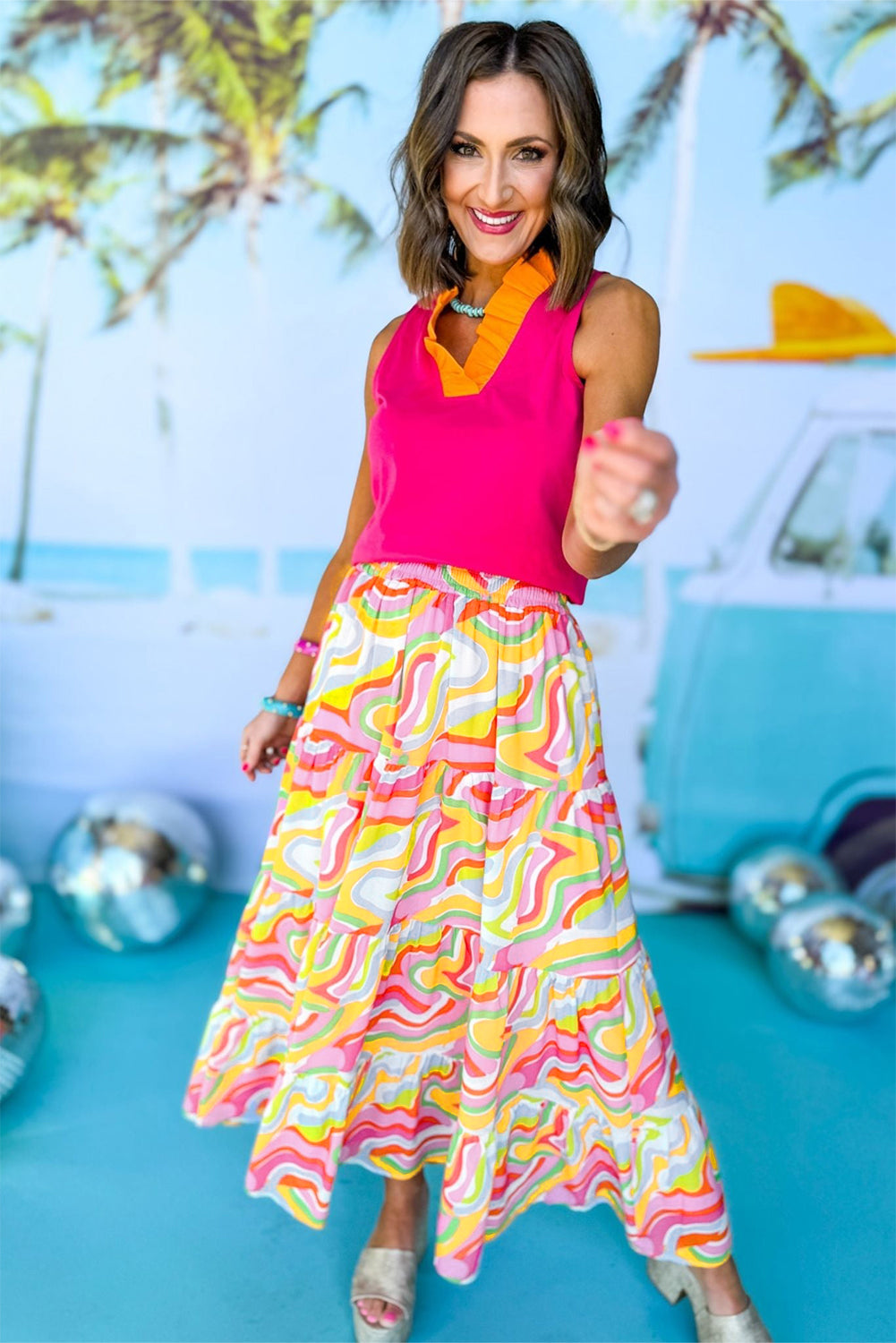 Pink Bohemian Abstract Print Tiered Maxi SkirtMaterial:100%Polyester

• Embrace bohemian vibes with our maxi skirt, perfect for adding a touch of whimsy to your summer wardrobe.
• The intricate abstract print 