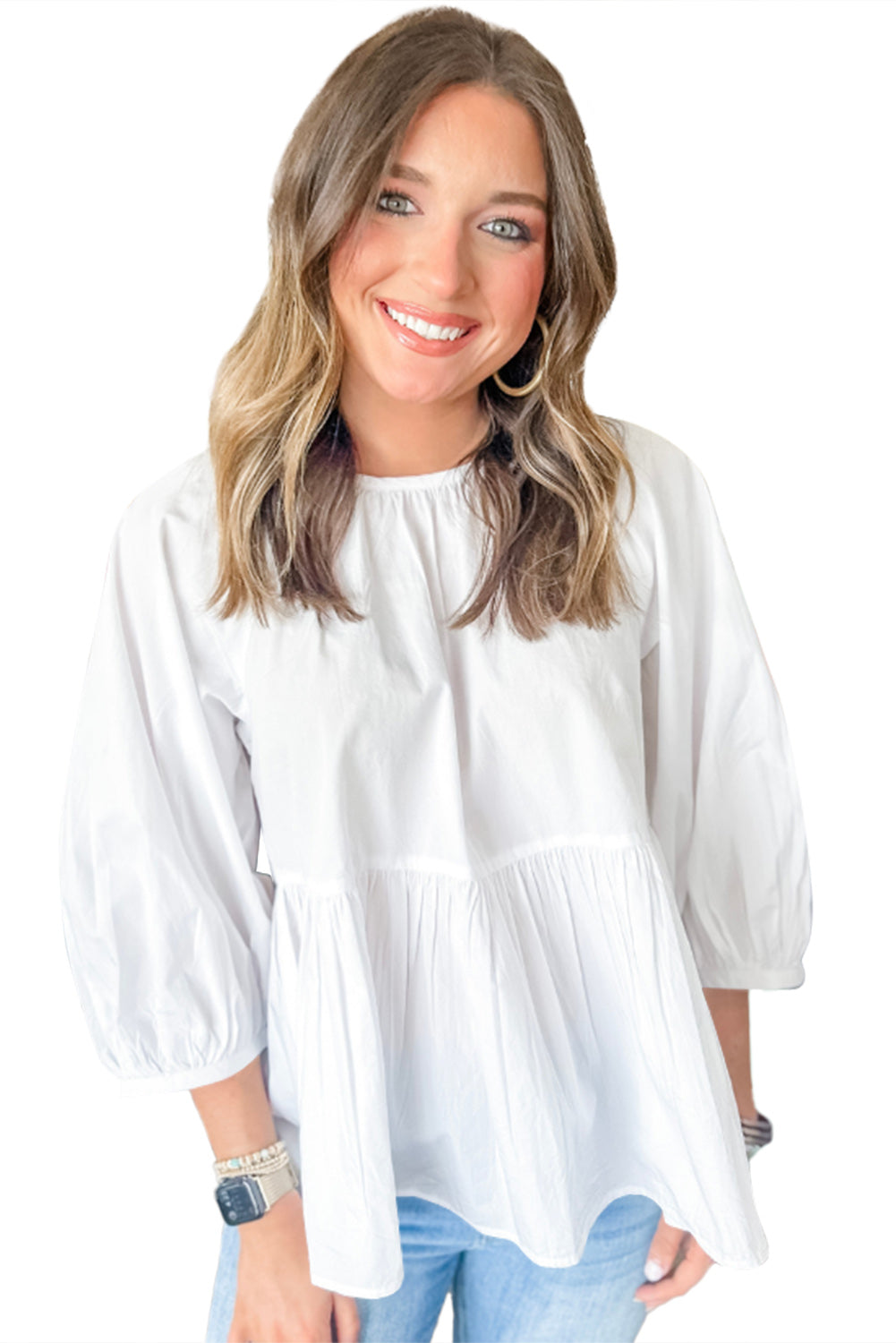 White Bow Knot Cutout Back Loose Fit 3/4 Sleeve BlouseMaterial:100%Cotton

• Effortlessly chic, this White Bow Knot Cutout Back Blouse combines modern style with a touch of elegance. 
• The loose fit design offers com