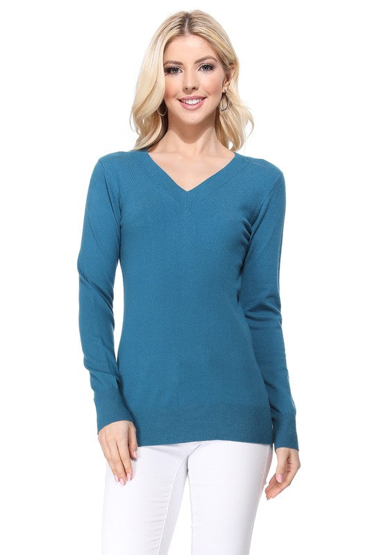 Women's Long Sleeve V-Neck Pulll Over Sweater Top- 25"-26.5" Length, V-Neck, Long Sleeve, Casual, Basic, and Classic Viscose Knitted Pullover Sweater- Lightweight Knit Pullover Sweater with High Quality Soft Viscos