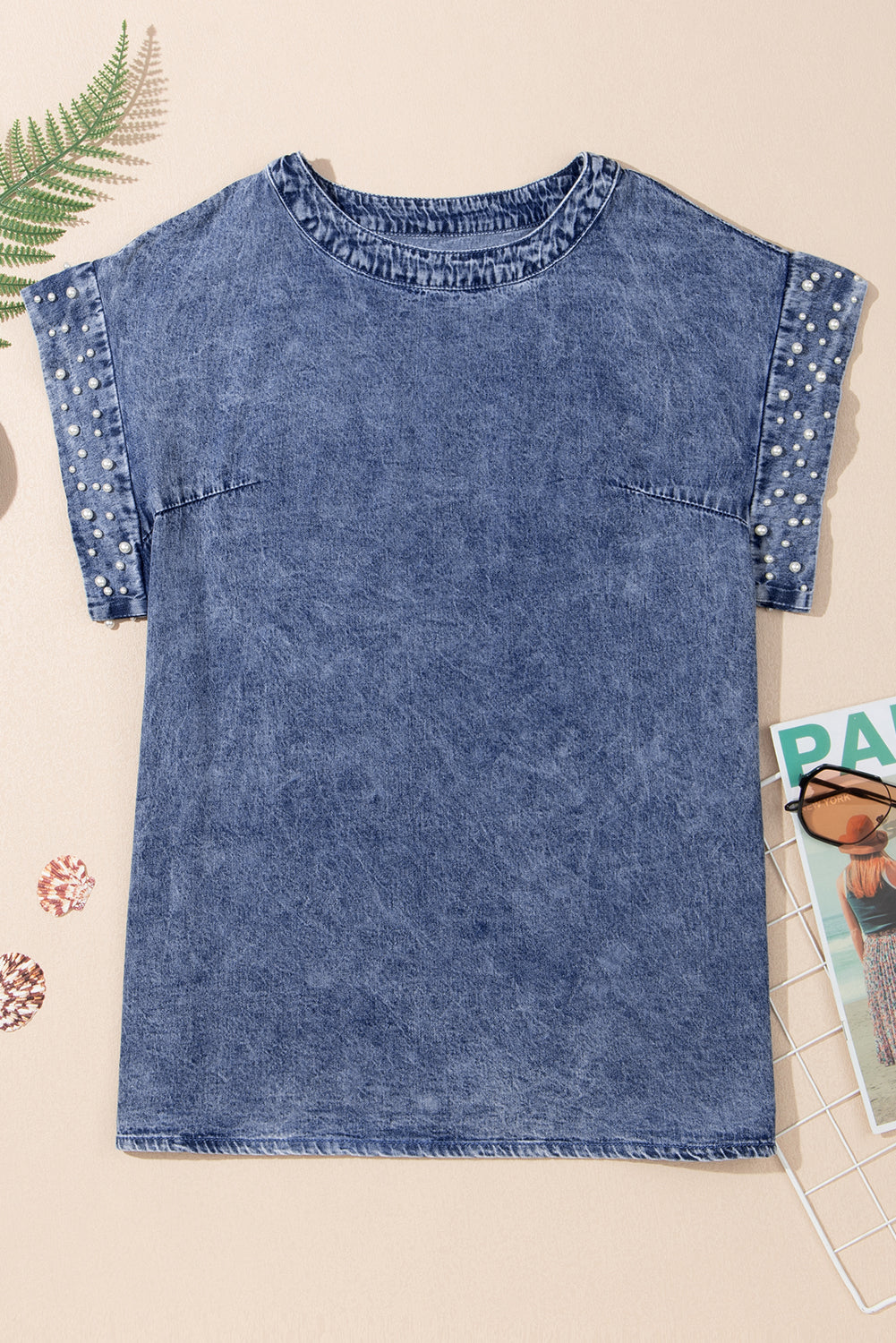 Dusk Blue Acid Wash Pearl Embellishment O Neck Denim TopMaterial:100%Cotton



		The top features a trendy acid wash design with pearl embellishments, adding a touch of sophistication to your outfit.
	
	
		This denim