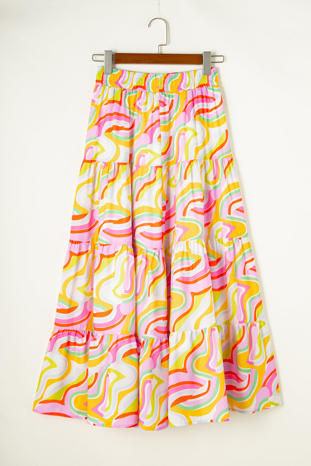 Pink Bohemian Abstract Print Tiered Maxi SkirtMaterial:100%Polyester

• Embrace bohemian vibes with our maxi skirt, perfect for adding a touch of whimsy to your summer wardrobe.
• The intricate abstract print 