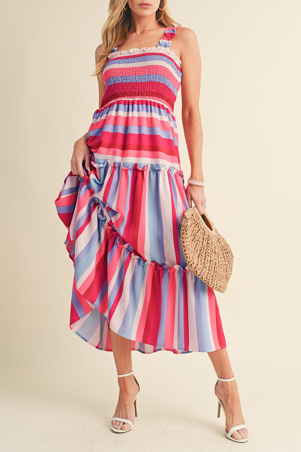 Red Stripe Ruffled Straps Smocked Tiered Midi DressMaterial:100%Polyester



		Embrace the timeless charm of the multicolor stripes pattern, making this long dress a classic and popular choice.
	
	
		Achieve a p