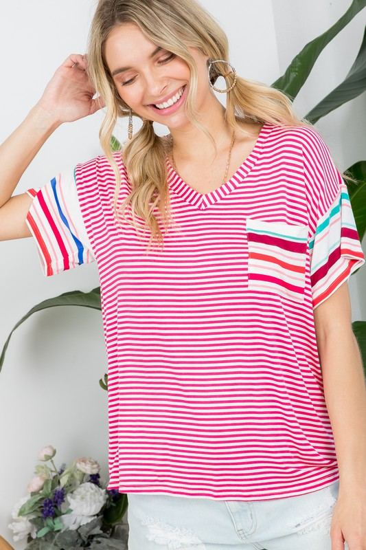 MULTI STRIPE BOXY TOP- Multi stripe boxy top- Pullover short sleeves- V neck chest pocket- Multi stripe jersey - Model is 5' 8" 34-24-34 and wearing a Small- S/M/L 2-2-2- 95% RAYON, 5% S