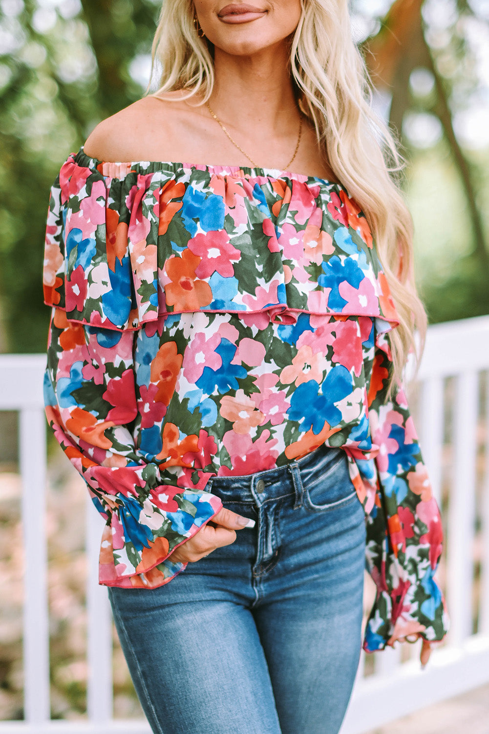 Multicolor Bohemian Floral Print Shirred Ruffle Off Shoulder BlouseMaterial:100%Polyester


	

			This floral print blouse is perfect to change a stylish summer look
		
		
			Featured with off-shoulder, puffy sleeve, and flora