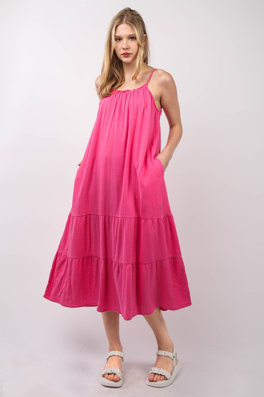 VERY J Ruffled A-Line Midi Cami DressYou have a versatile and comfortable Comfy Cotton Gauze A-Line Midi Dress that is perfect for summer with its cool comfort and sleeveless design. The side pockets ad