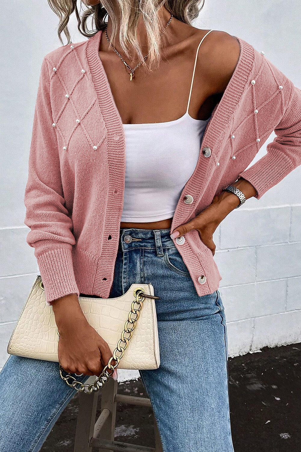 Sepia Rose Pearl Beaded Button Up Knit Cardigan