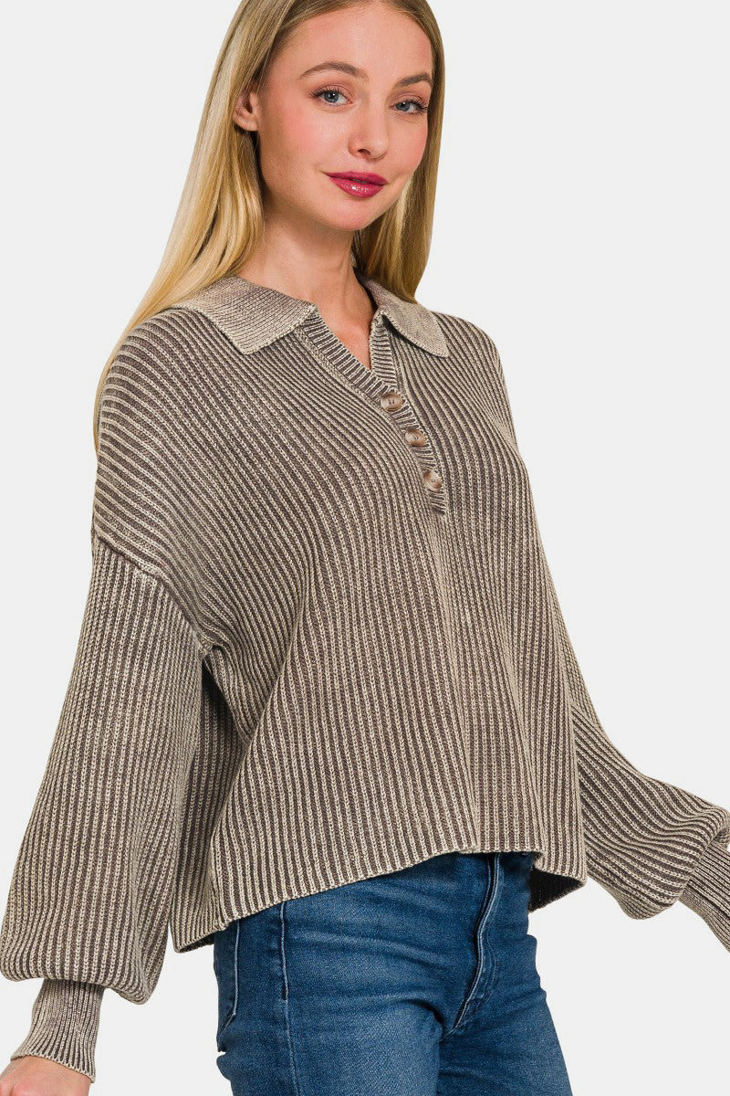 Zenana Washed Half Button Long Sleeve SweaterAdd a touch of casual sophistication to your wardrobe with this Washed Half Button Long Sleeve Sweater. The half button design gives it a unique and stylish look tha