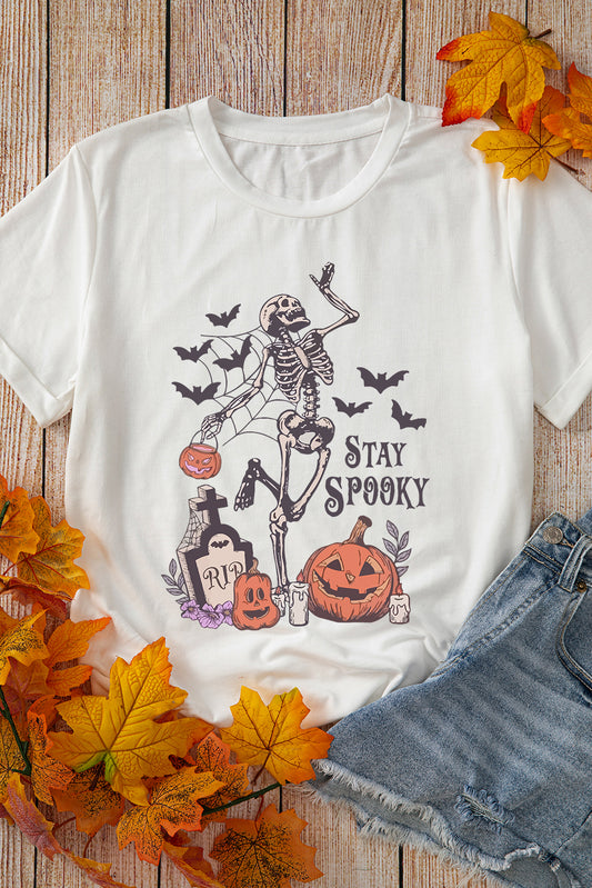 White Skull Pumpkin Face STAY SPOOKY Graphic Halloween T ShirtMaterial:62%Polyester+32%Cotton+6%Elastane



		The graphic tee is a fun and spooky choice for Halloween enthusiasts.
	
	
		The “STAY SPOOKY” slogan combined wi