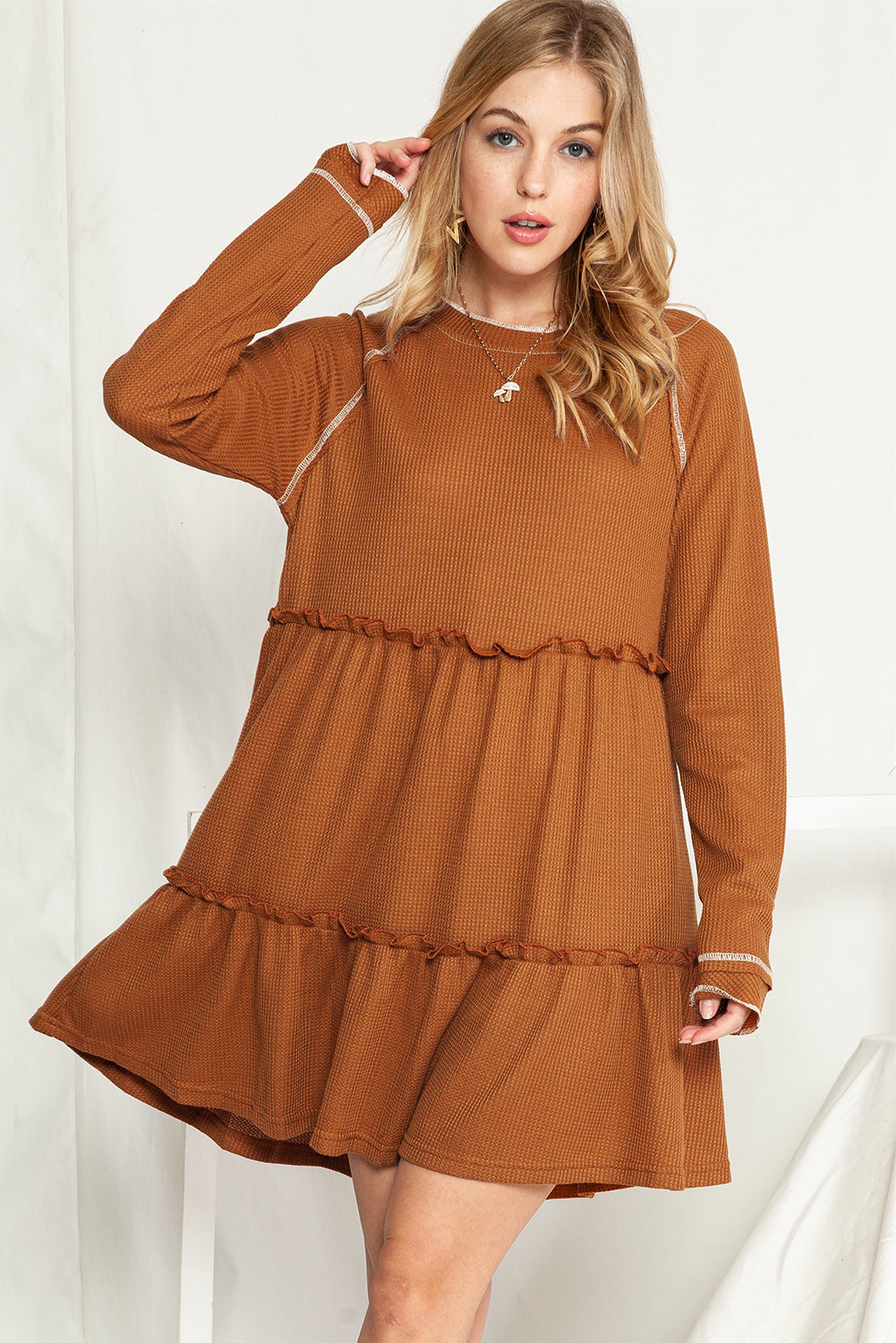 Chestnut Textured Tiered Ruffled Long Sleeve Mini Dress