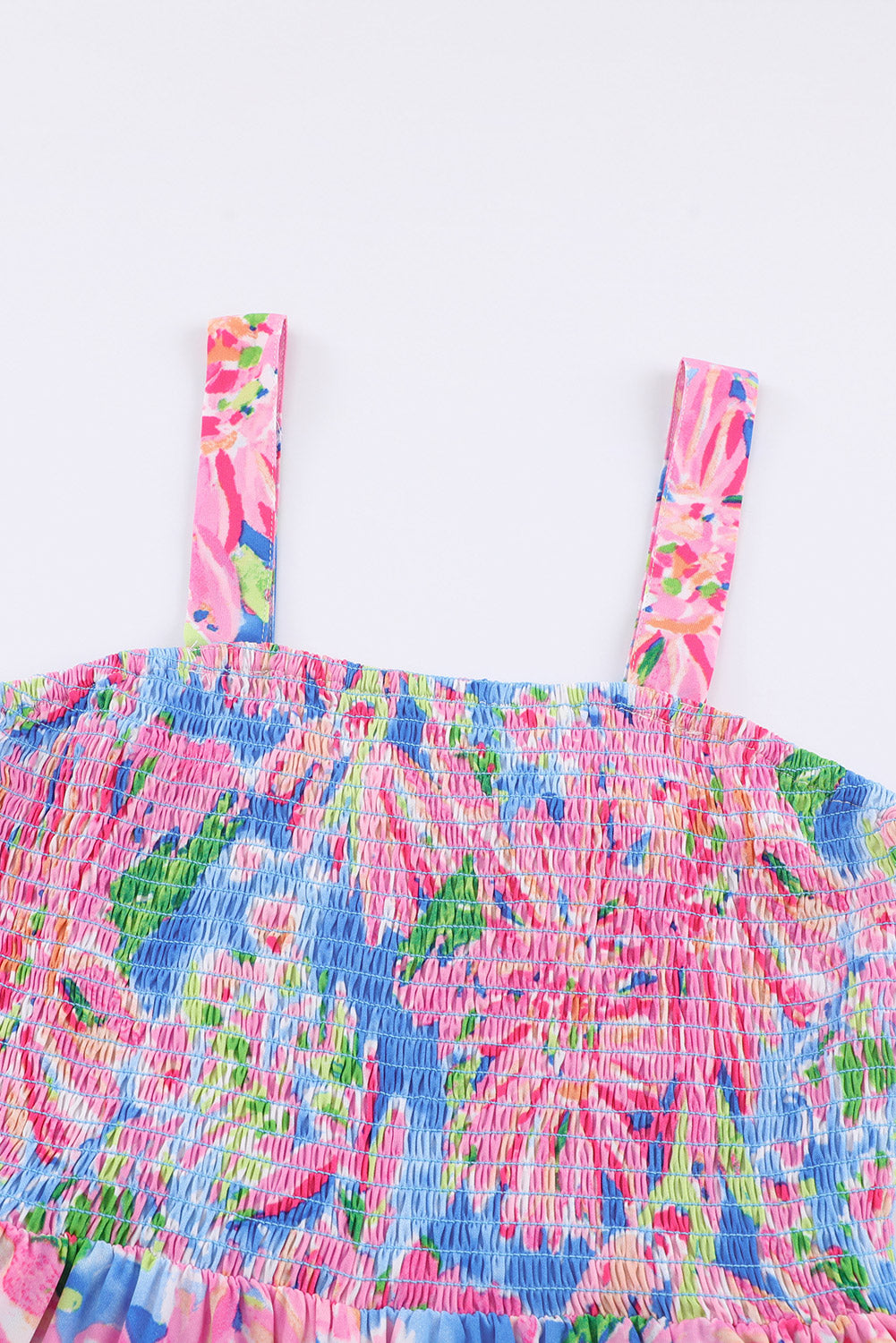 Pink Abstract Floral Painting Smocked Wide Leg JumpsuitMaterial:100%Polyester



		The jumpsuit features a colorful abstract floral print that adds a playful touch to the piece. 
	
	
		The smocked bodice creates a f