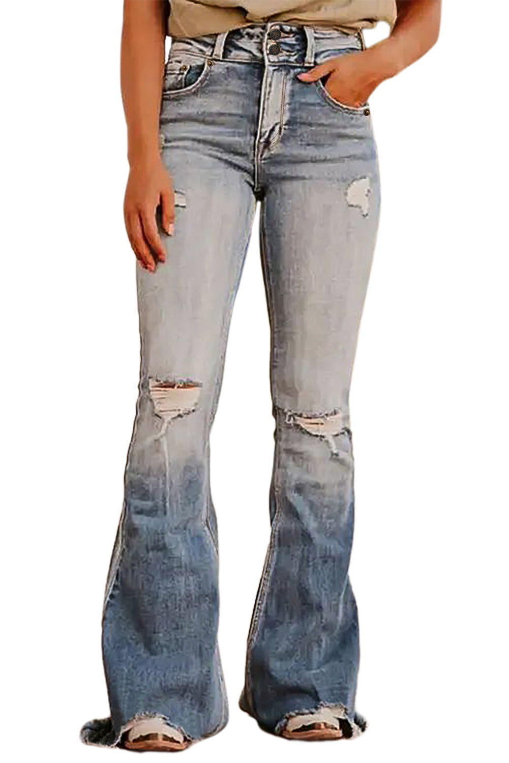 Dusk Blue Vintage Light Wash Ripped Raw Edge Flare JeansMaterial:75%Cotton+23%Polyester+2%Elastane



		Embrace a classic look with vintage appeal through our light wash jeans.
	
	
		The distressed and ripped details