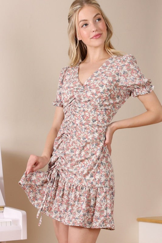 SS center shirred V neck dress*Girl's brunch shirred V-neck flirty sleeve mini dress*Pattern type : floral print*Neck line : V neck*Sleeve type : puff sleeves*Sleeve length : short sleeves*Stretc