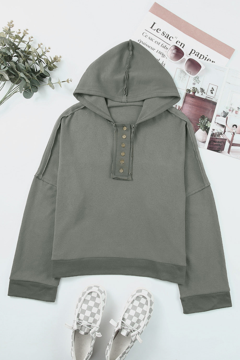 Khaki Solid Color Casual Button Seam Trim Hoodie