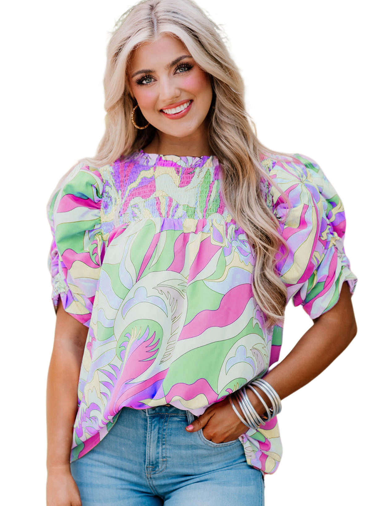 Pink Abstract Print Smocked Bubble Sleeve BlouseMaterial:100%cotton


	


		The blouse features a vibrant and unique abstract print, adding a pop of color to your outfit.
	
	
		The bubble sleeves add a play