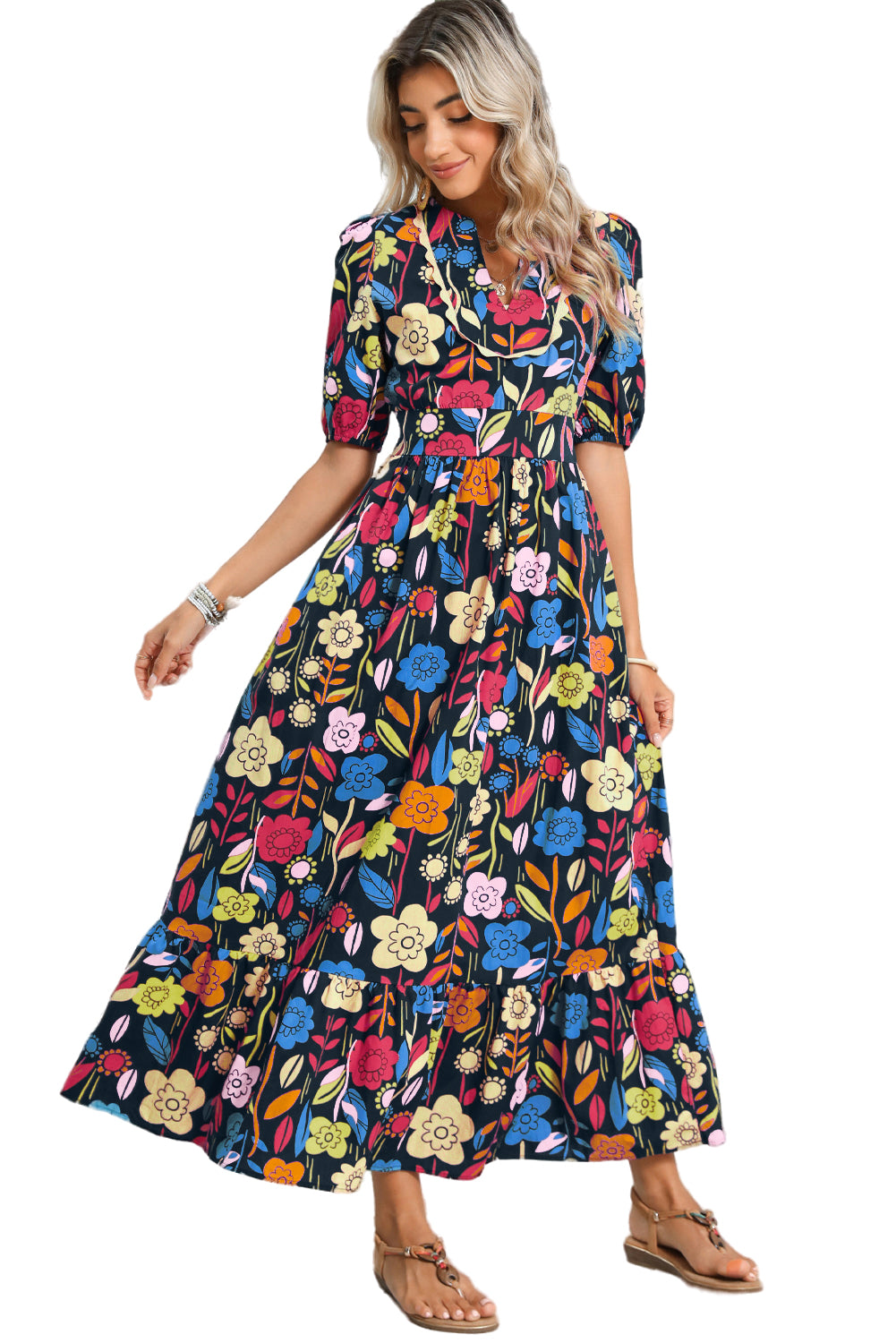 Green Floral Print Split V Neck Puff Sleeve Maxi DressMaterial:100%Cotton



		The dress is made from a soft and breathable fabric, ensuring comfort and a lightweight feel.
	
	
		This maxi dress features a split V 