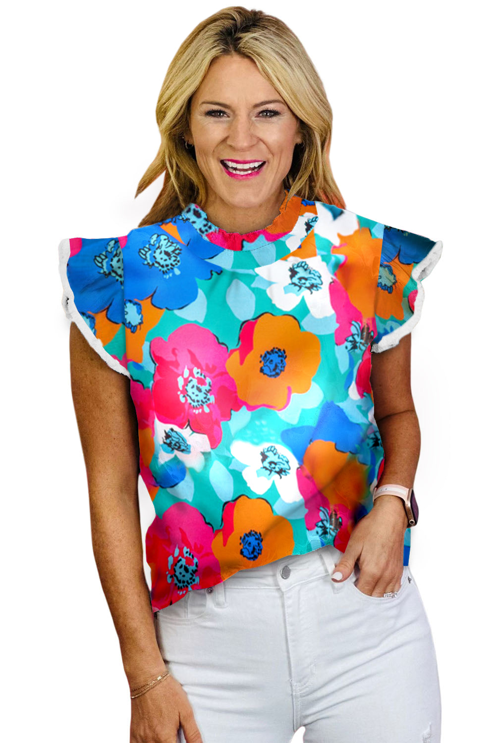 Sky Blue Abstract Print Flutter & Cap Sleeves TopMaterial:100%Polyester



		This top features a round neck design that provides good coverage
	
	
		The abstract print adds a stylish and eye-catching touch to 