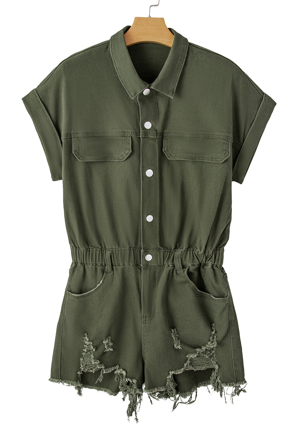 Moss Green Distressed Frayed Denim RomperMaterial:98%Cotton+2%Elastane

• This romper offers a comfortable and stretchy fit for all-day wear.
• The moss green hue brings a touch of nature-inspired charm, 