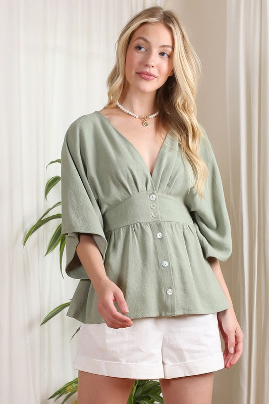 SS deep V neck button down top*Deep V neckline button down blouse with draped sleeves*Pattern type : solid* Color : sage*Neck line : V neck*Sleeve type : kimono sleeves*Sleeve length : short slee