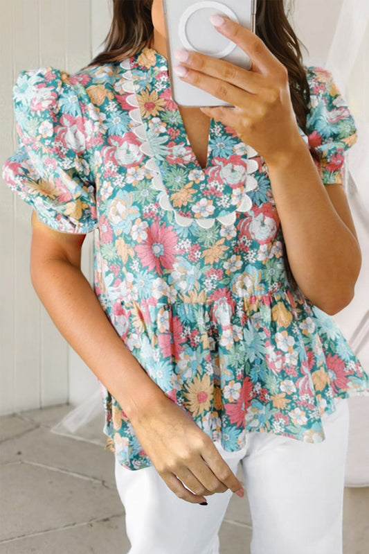 Multicolour Floral Print Short Puff Sleeve V Neck Boho Peplum Blouse