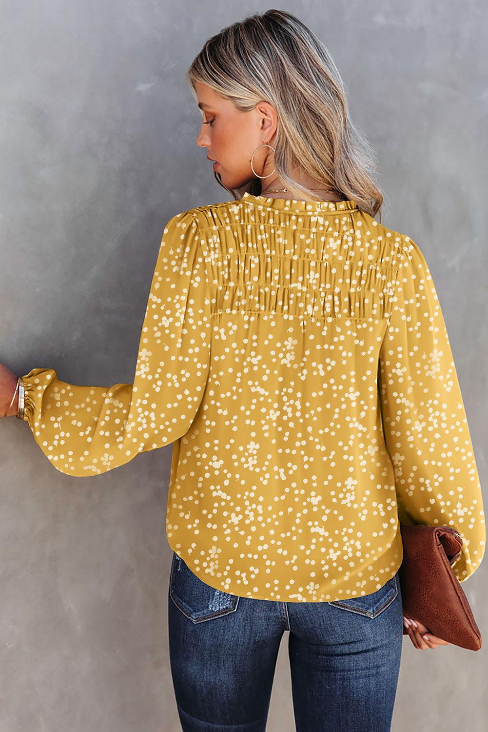 Yellow Split Neck Fall Printed Crinkled Blouse