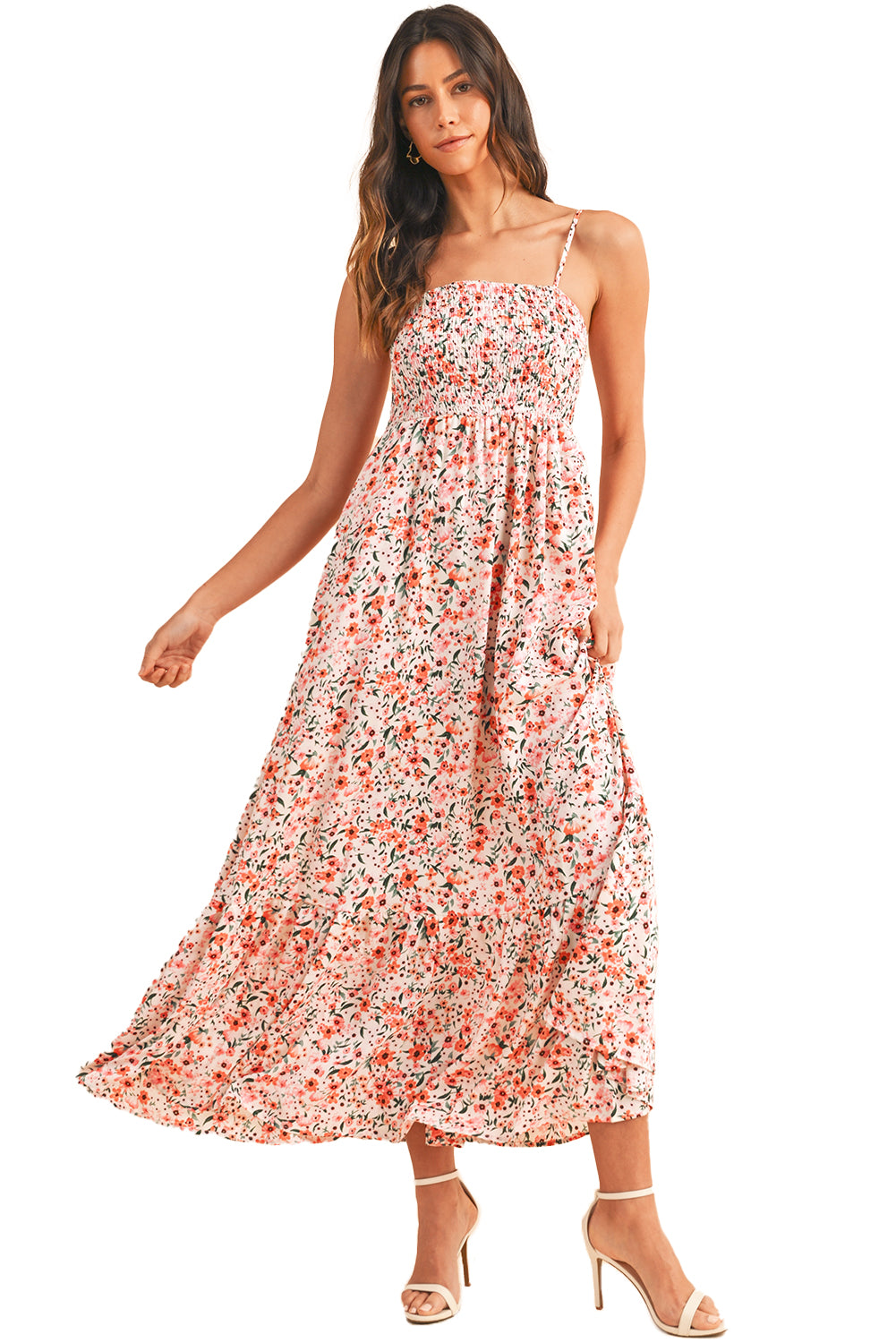 White Boho Floral Self-tie Smocked Ruffle Maxi DressMaterial:100%Polyester


	


		The maxi dress showcases a bohemian-inspired style with its floral print and smocked details, perfect for embracing a romantic and