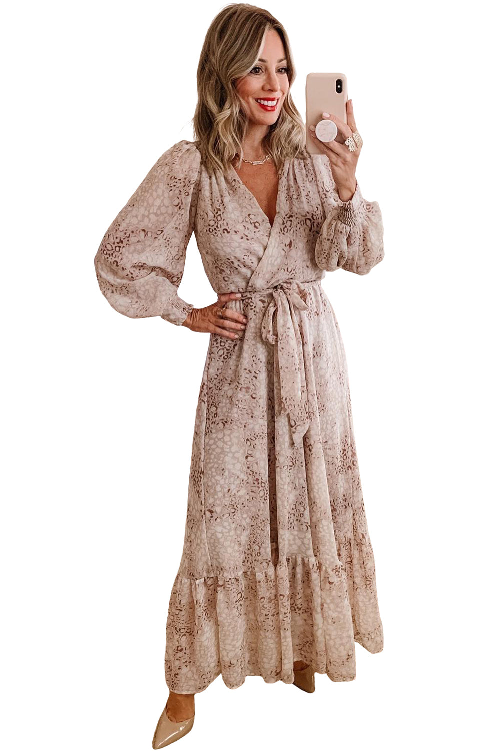 Leopard Surplice V Neck Bubble Sleeve Sash Maxi DressMaterial:95%POLYESTER+5%ELASTANE


	


		Eye-catching leopard print for a bold and fierce statement
	
	
		Flattering surplice neck for a stylish and feminine 