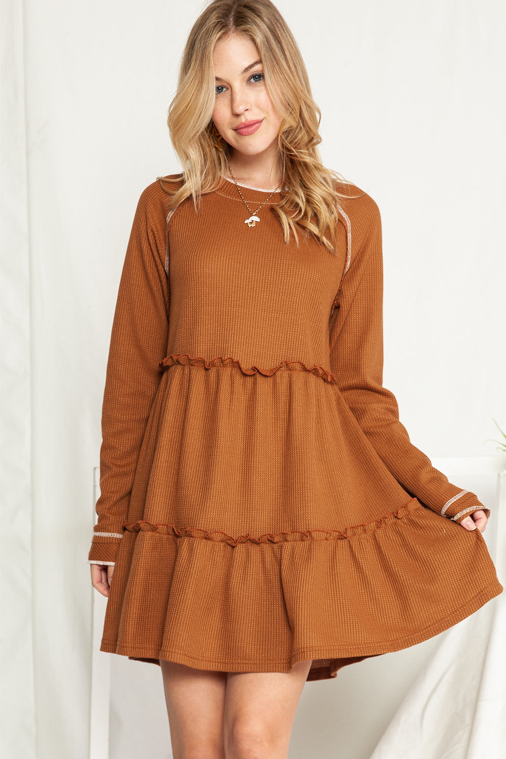 Chestnut Textured Tiered Ruffled Long Sleeve Mini Dress