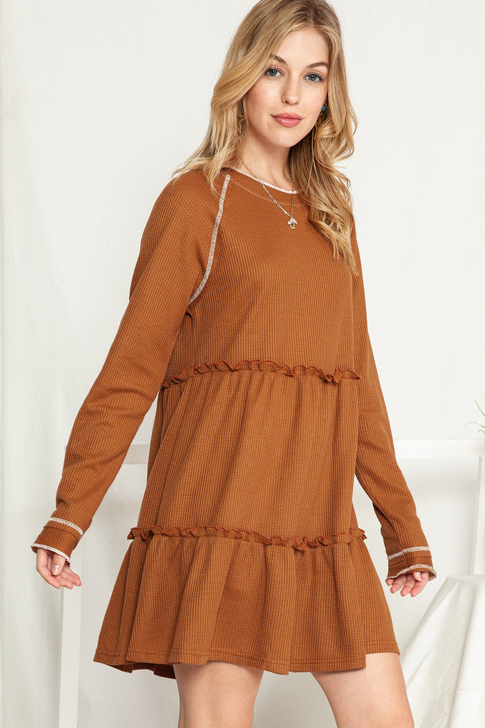 Chestnut Textured Tiered Ruffled Long Sleeve Mini Dress