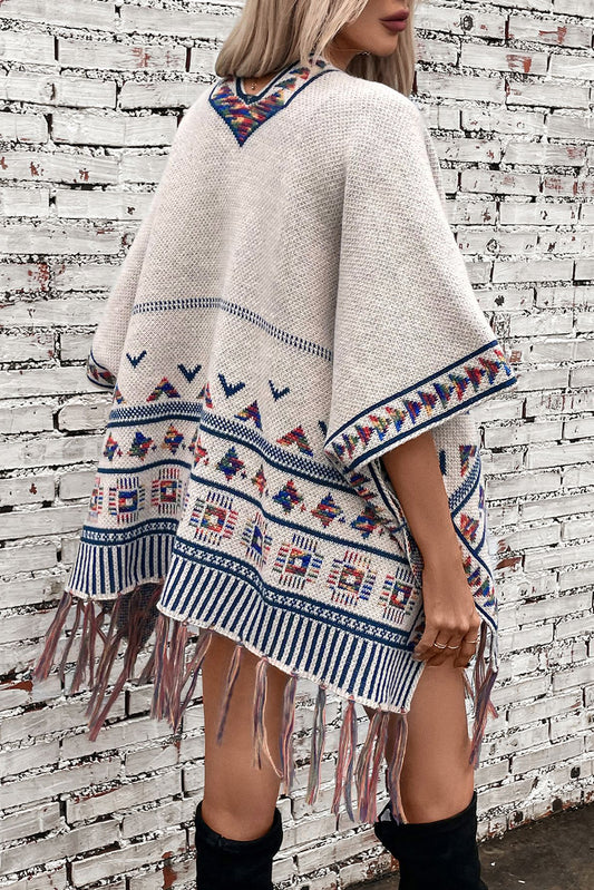 Beige Boho Geometric Tassel Hem Cape Poncho Cardigan