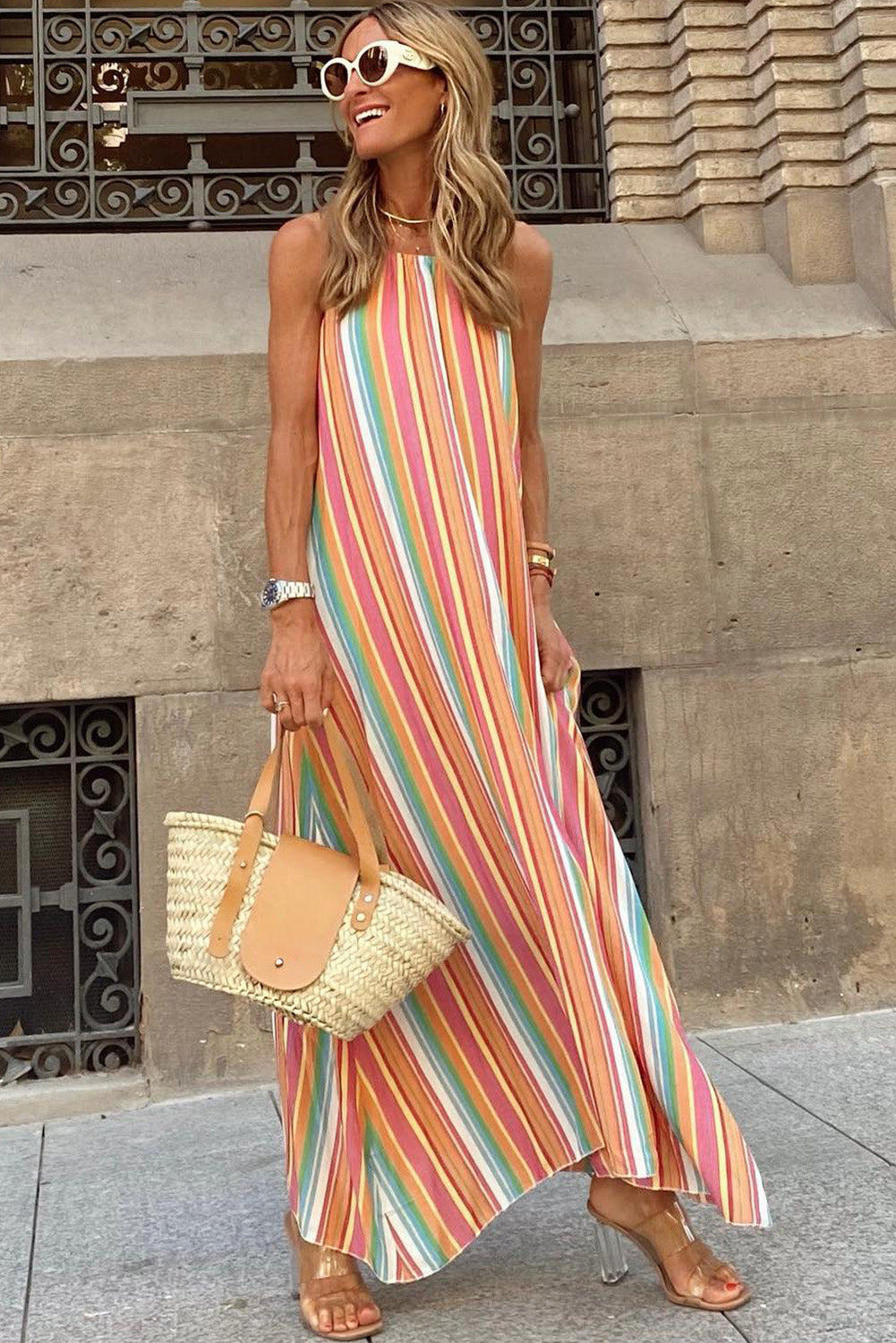 Bohemian Striped Colorblock Spaghetti Strap Sleeveless Maxi DressMaterial:100%Polyester



		•Bold and eye-catching vertical stripes add a trendy touch.
	
	
		•Sleeveless design keeps you cool on hot days.
	
	
		•Boho styl