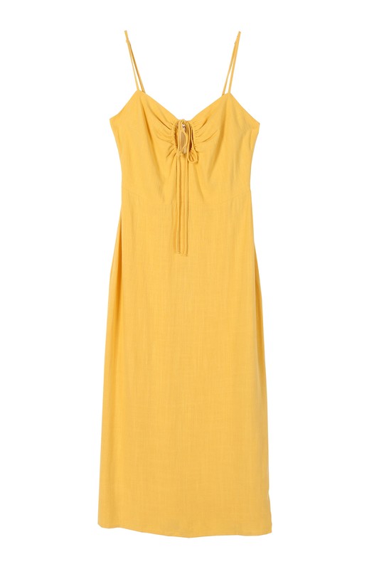 SL slip dress*Cut Out tie front slip dress*Pattern type : solid*Sleeve length : sleeveless*Stretch : no stretch*Sheer : self fabric lined at upper top, no see through*Care instru