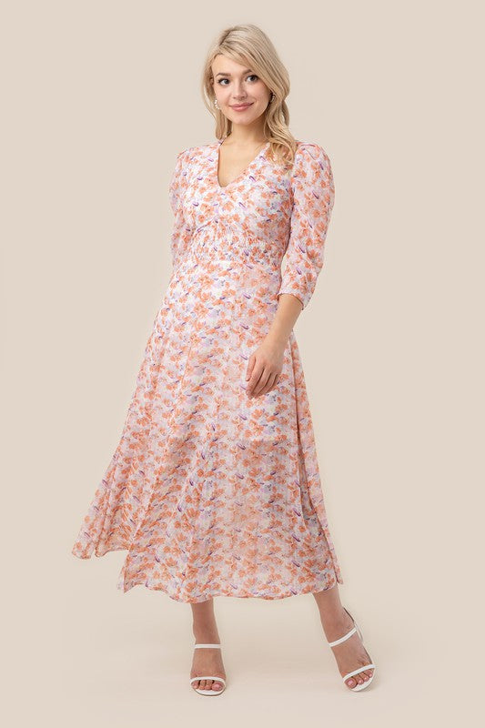 V neck maxi dress- V neck maxi dress in chiffon fabric- Pattern type : floral print- Neck line : V neck- Sleeve type : puff sleeves- Sleeve length : 3/4 sleeves- Stretch : no stretch