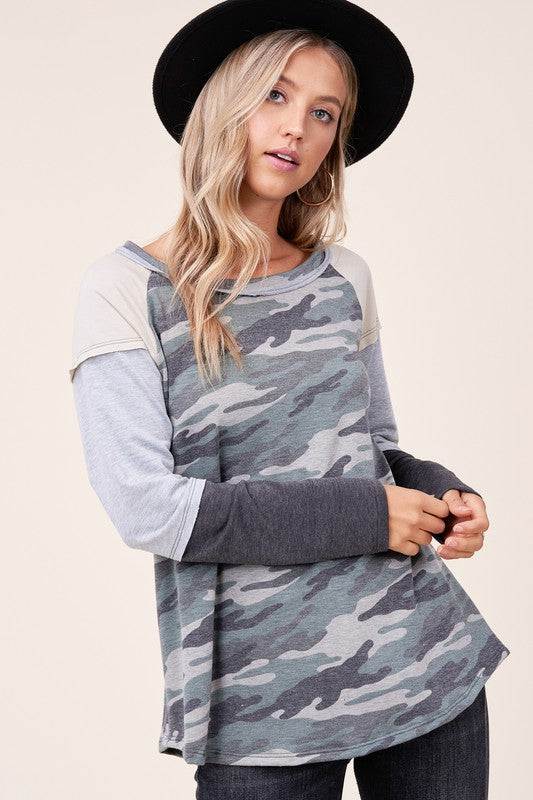 CAMOUFLAGE COLOR BLOCK TOPFRENCH TERRY CAMOUFLAGE PRINT AND SOLID COLOR BLOCKED LONG SLEEVE ROUND NECK RAW EDGE DETAIL TOP - MADE IN U.S.A.
Style: Casual
Print / Pattern: CAMOUFLAGE PRINT &am