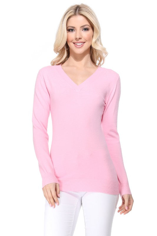 Women's Long Sleeve V-Neck Pulll Over Sweater Top- 25"-26.5" Length, V-Neck, Long Sleeve, Casual, Basic, and Classic Viscose Knitted Pullover Sweater- Lightweight Knit Pullover Sweater with High Quality Soft Viscos