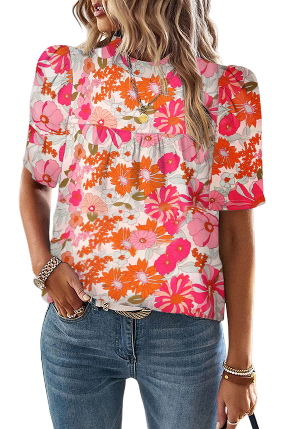 Purple Floral Print Crew Neck Short Sleeve BlouseMaterial:100%Polyester



		This blouse can be ordered in bulk for wholesale purposes.
	
	
		The floral print creates a delicate and romantic look.
	
	
		The