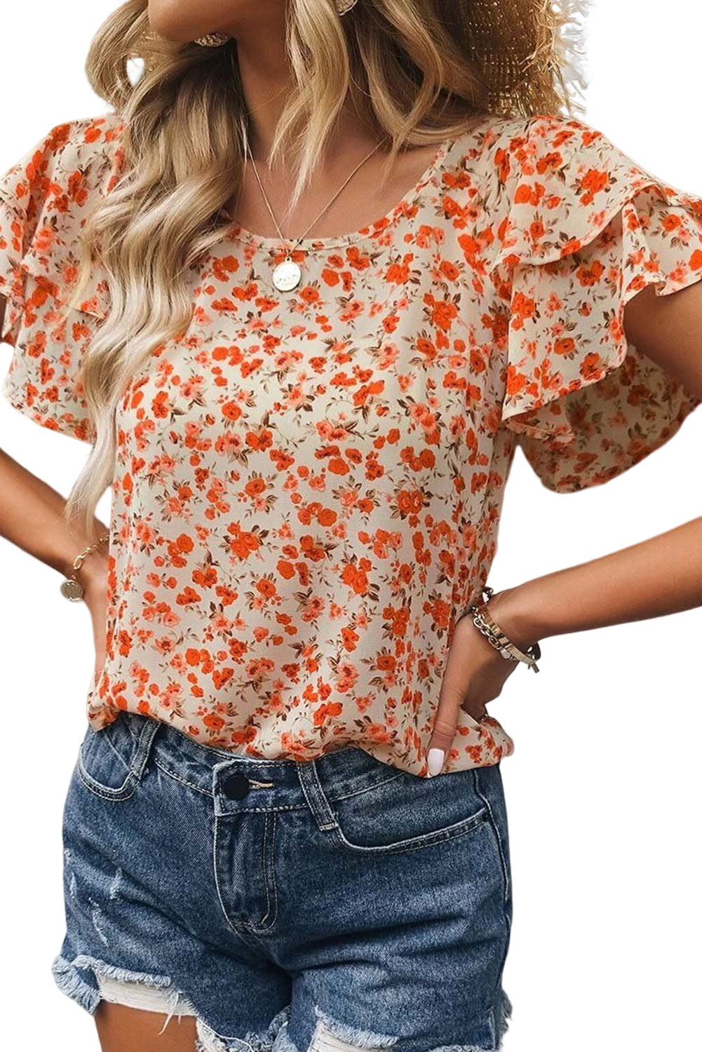 Orange Floral Tiered Flutter Sleeve BlouseMaterial:100%Polyester



		Featuring flowy flutter sleeves that add a touch of femininity to any outfit.
	
	
		Elevate your wardrobe with this stunning tiered 