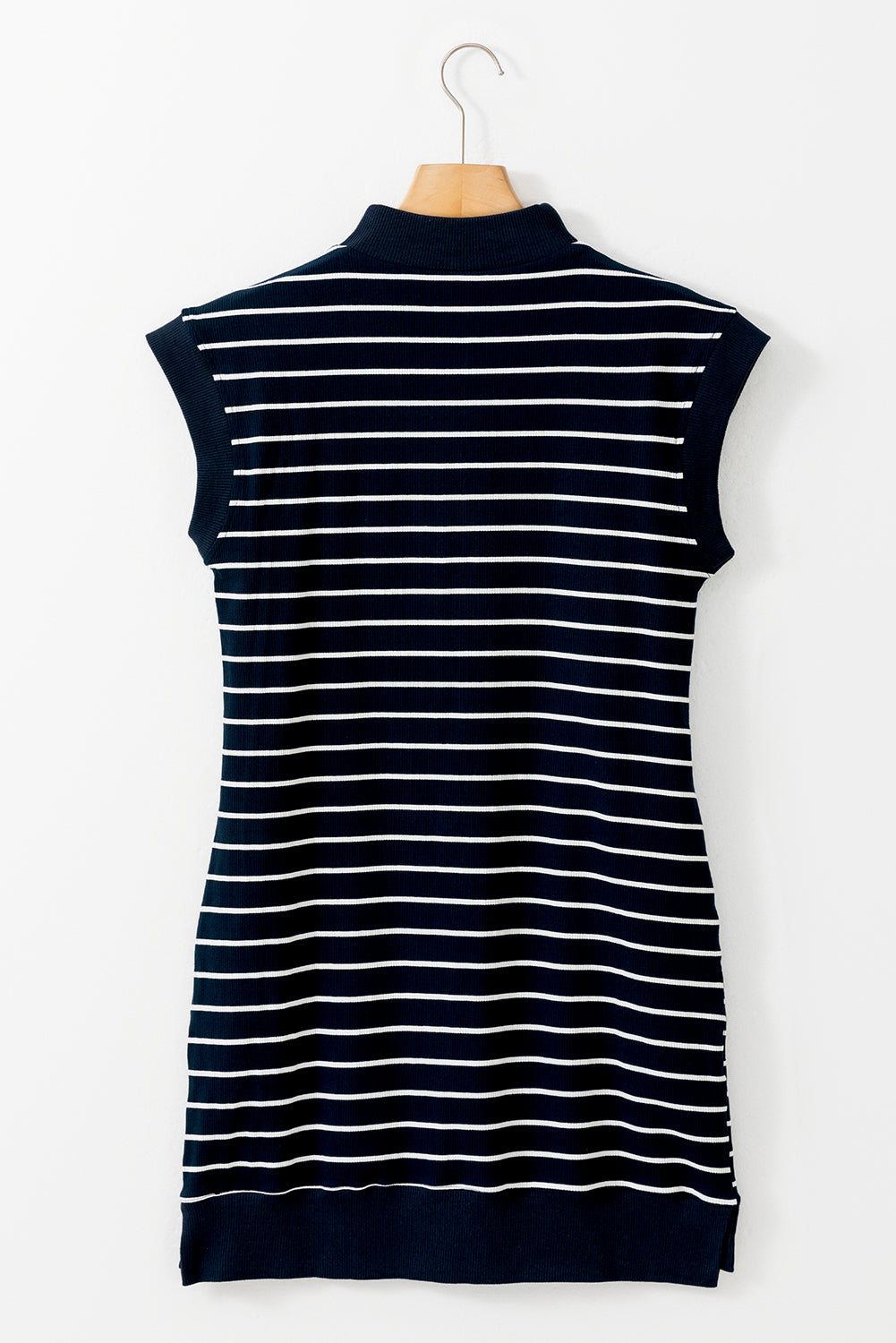 Blue Striped Zip Collar Patchwork Ribbed Mini Dress